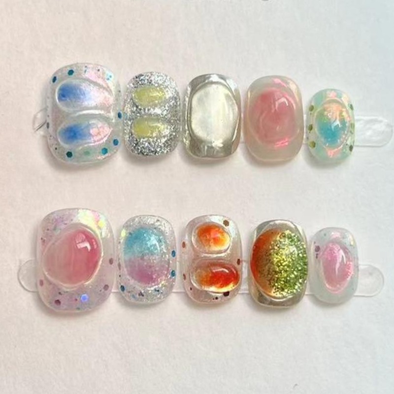 Nail Art Overlay - 10Pcs Cute Short Round Handmade Fake
