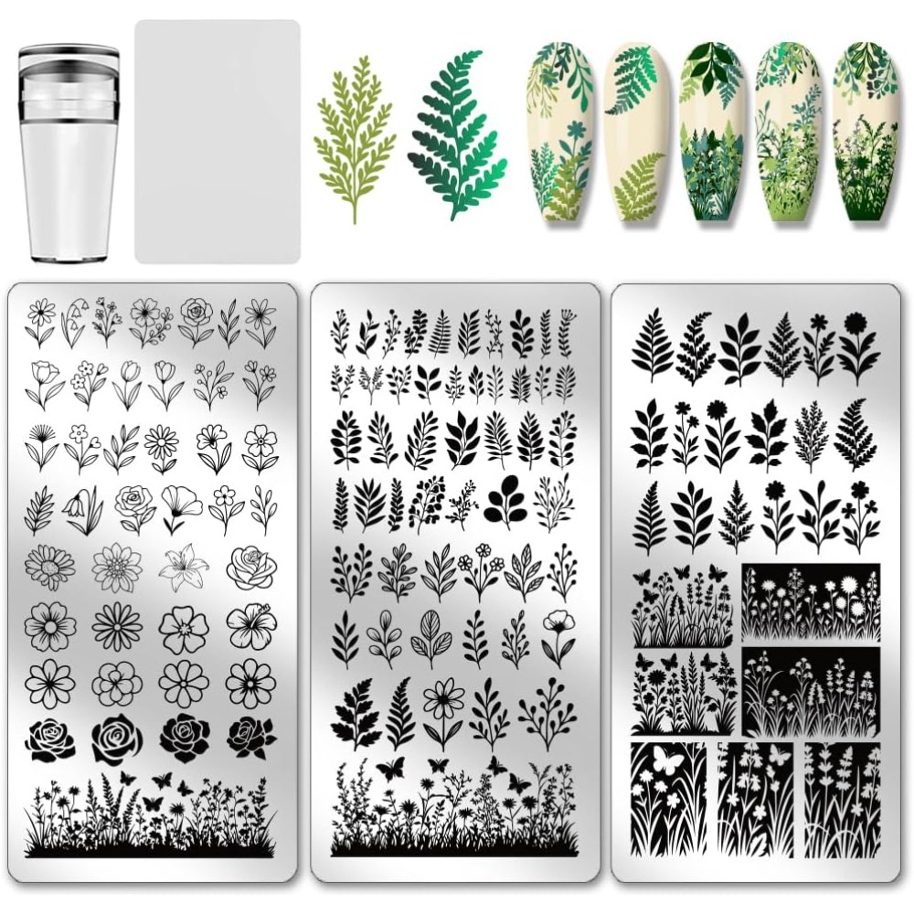 Nail Art Inspo - 3pcs Flower Leaf Nail Stamping Plates
