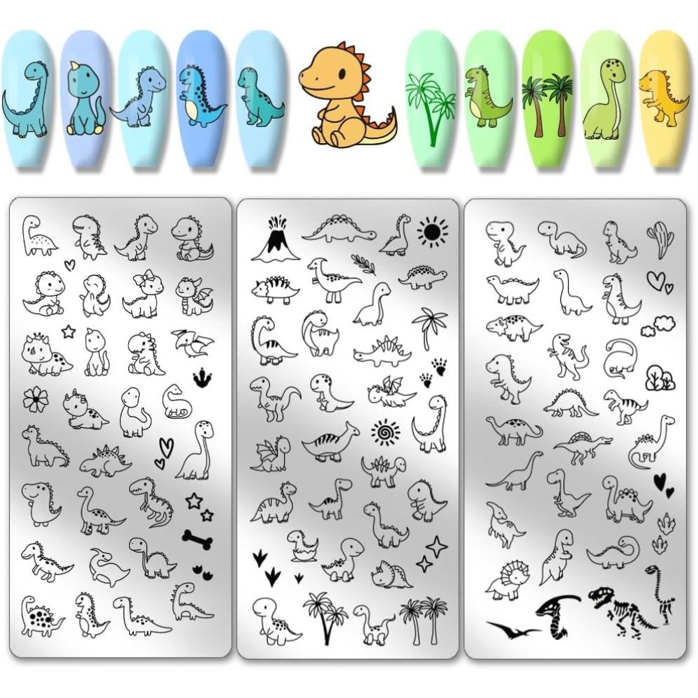Nail Art Inspo - 3pcs Dinosaur Nail Stamping Plates Cute